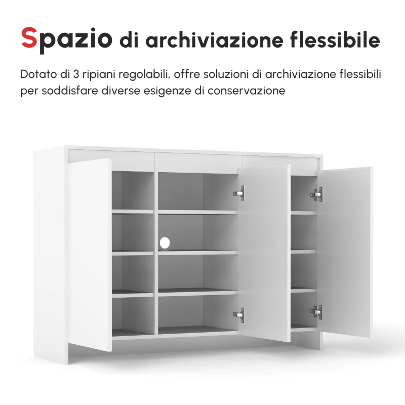 HOMCOM Credenza Moderna a 12 Ripiani Interni in Truciolato per Cucina, Soggiorno e Ingresso, 120x35x85 cm, Bianco