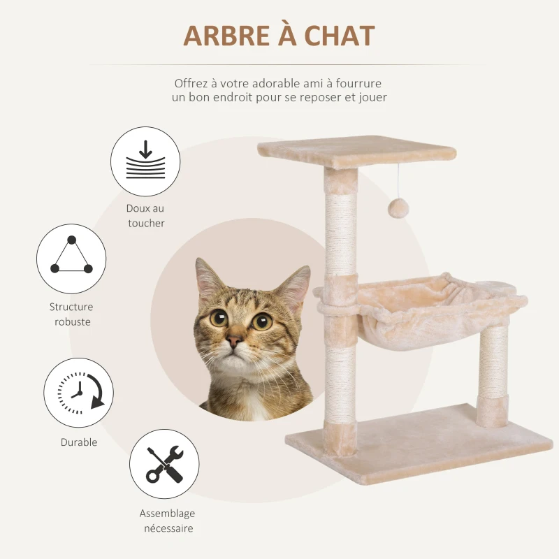 PawHut Arbre à chat 3 griffoirs grattoirs sisal naturel plateforme hamac et boule suspendue dim. 50L x 36l x 70H cm peluche courte beige