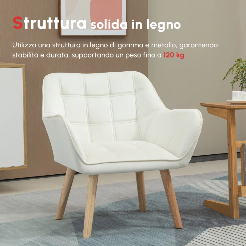 HOMCOM Poltrona Design Scandinava in Legno ed Effetto Velluto Crema, per Soggiorno o Ufficio, 67x61.5x71cm
