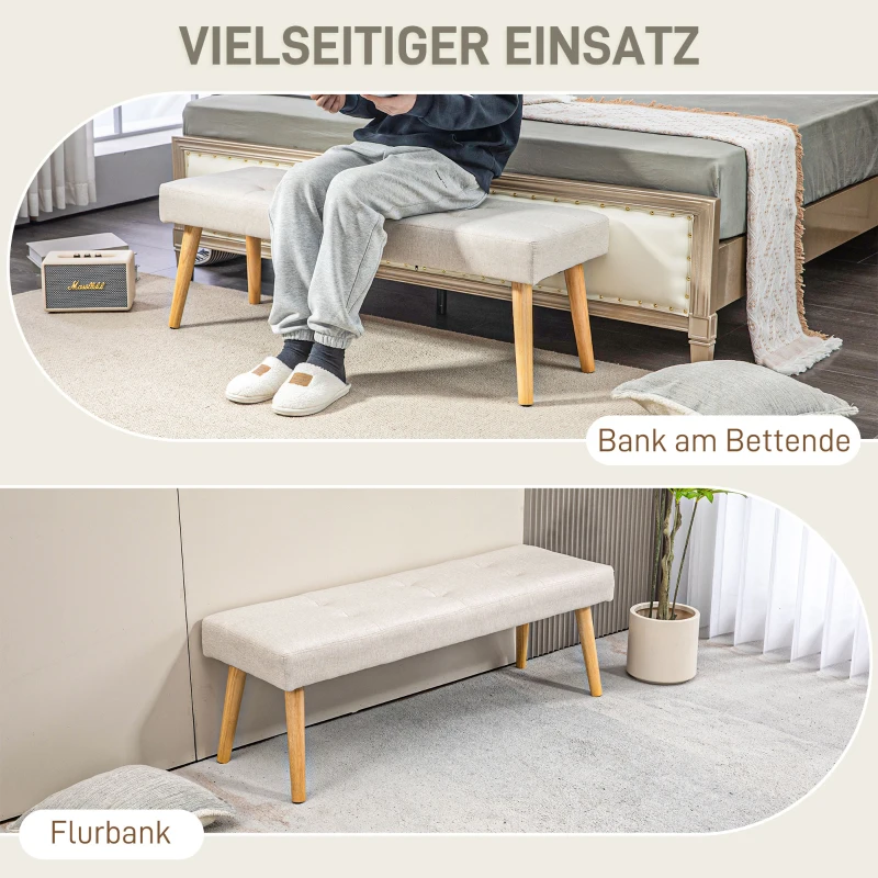 HOMCOM Bettbank, Sitzbank, weicher Bezug, Leinenoptik, bis 120 kg, Naturholzbeine, 120x41x43cm, Creme