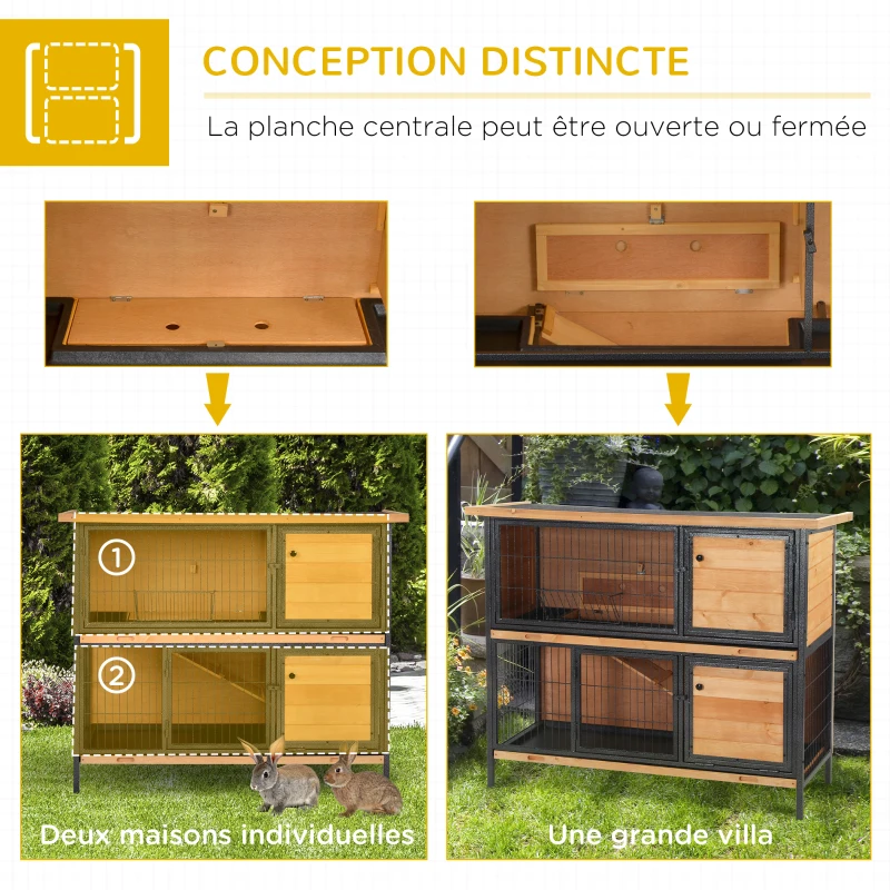 PawHut Clapier lapin extérieur 2 étages toit bitumé 4 portes verrouillables 122 x 50 x 101 cm bois naturel noir