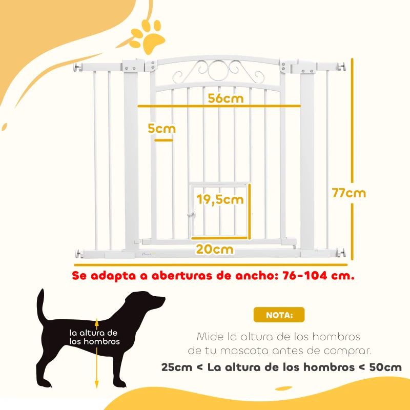 PawHut Barrera de Seguridad para Perros con Ancho Ajustable 76-104 cm con 2 Extensiones para Escalera Puerta Blanco