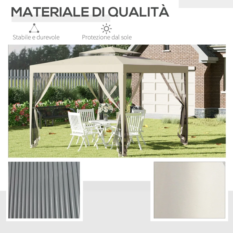 Outsunny Gazebo da Giardino 3x3m con Zanzariera, Doppio Tetto e Telaio in Metallo, Beige