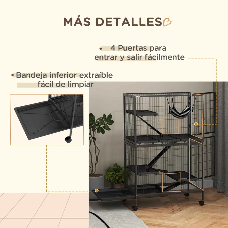 PawHut Jaula para Animales Pequeños con Ruedas Rampas Hamaca y Bandeja Extraíble para Chinchillas Hurones 80x52x128 cm Gris