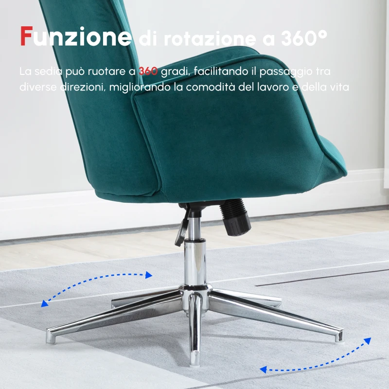 HOMCOM Poltrona per Ufficio e Salotto in Velluto, Girevole con Braccioli e Altezza Regolabile, Blu