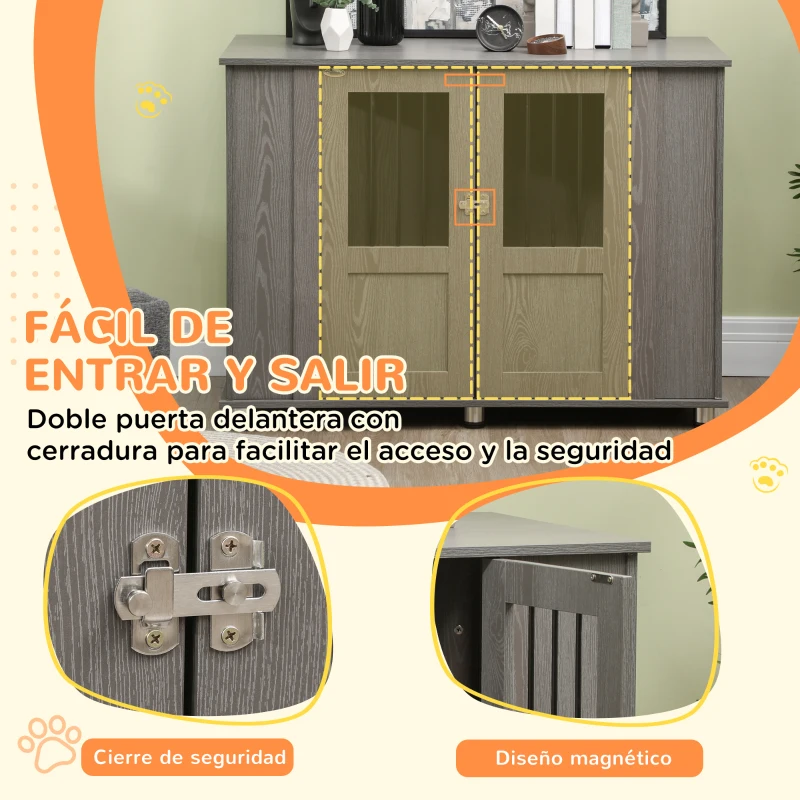 PawHut Jaula para Perros Grandes 2 en 1 Mesa Auxiliar con Puertas con Pestillo Ventanas y Patas Ajustables 114x60x82 cm Gris