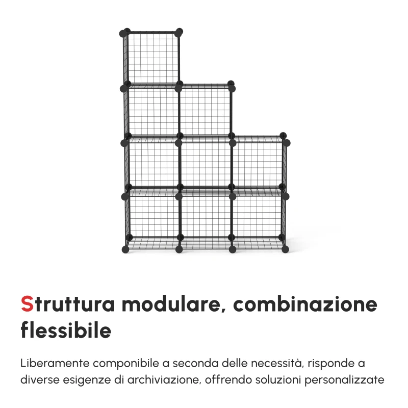 HOMCOM Mobile Libreria Salvaspazio, 9 Cubi in Rete con Pannelli in Acciaio e PP, 35x35x35 cm, Nero