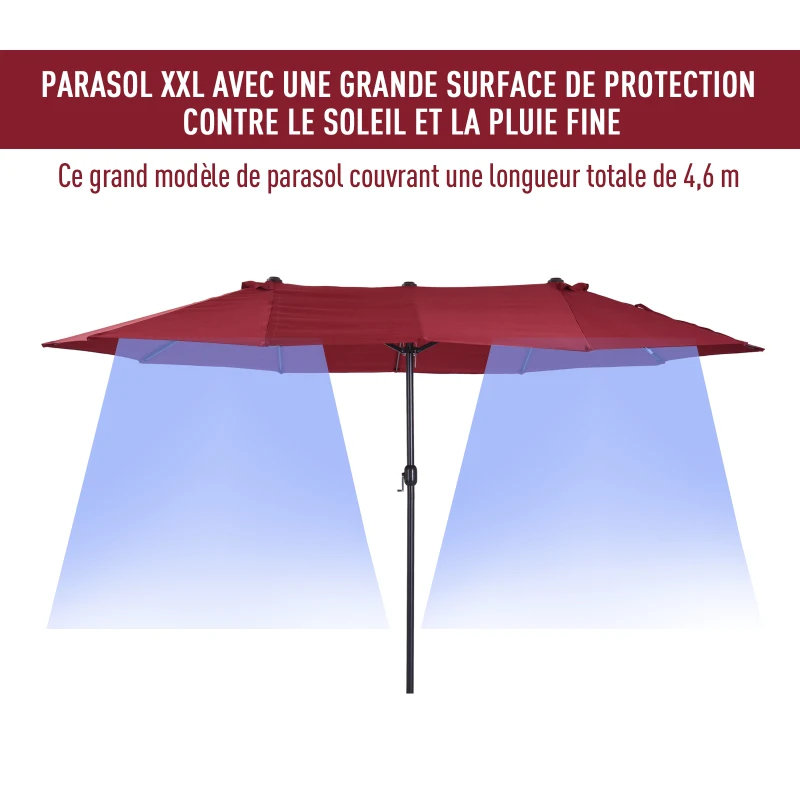 Outsunny Parasol de jardin exterieur parasol double rectangulaire 4,6L x 2,7l x 2,4H m avec ouverture fermeture manivelle, cadre en acier, toile 180 g/m², parasol pour balcon, piscine, bordeaux