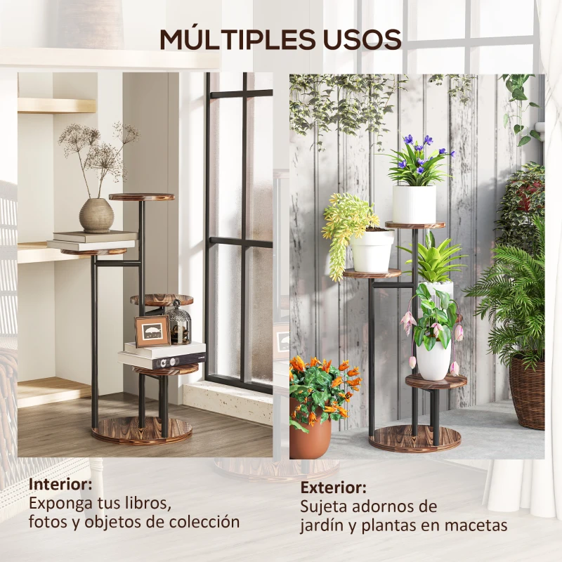 Outsunny Soporte para Plantas de Madera y Acero de 5 Niveles con 5 Estantes Redondos Soporte para Macetas 43x43x70 cm Carbonizado