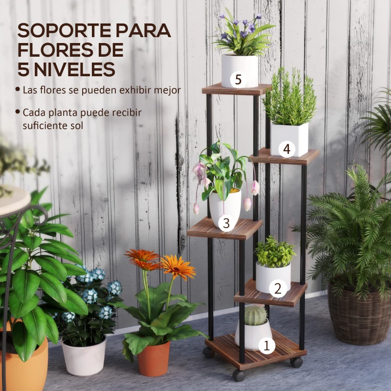 Outsunny Soporte para Plantas de Madera y Acero de 3 Niveles con 5 Estantes Cuadradas y 4 Ruedas 59x59x110 cm Carbonizado