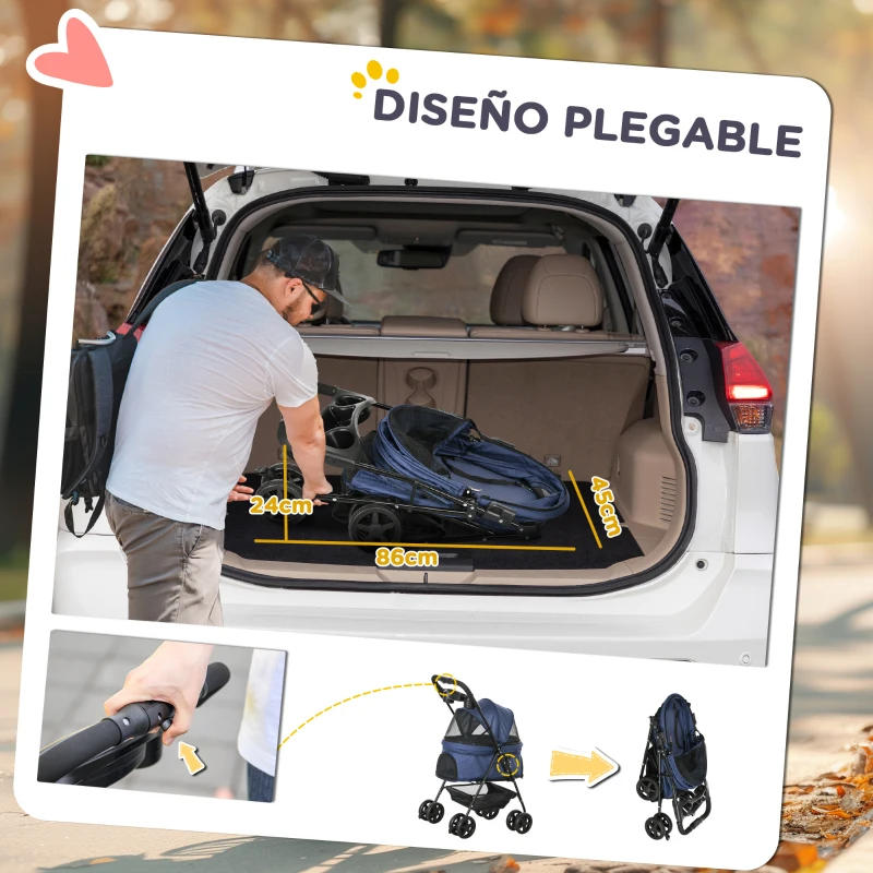 PawHut Carrito para Perros Pequeños con Ruedas Universales Cesta de Almacenaje Correas de Seguridad y Ventanas 67x45x96 cm Azul