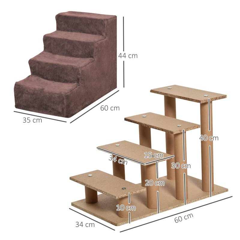 PawHut Escalera para Mascotas de 4 Peldaños con Funda Extraíble y Lavable para Cama Sofá 60x35x44 cm Marrón