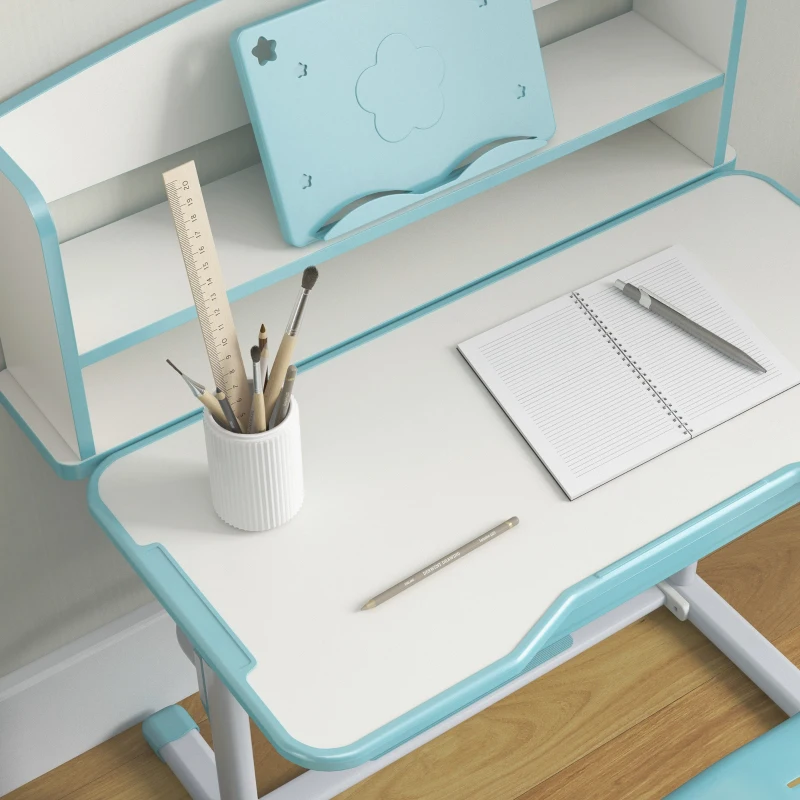 ZONEKIZ Escritorio Infantil Altura Ajustable con 1 Cajón 1 Estante y Ángulo de Mesa Ajustable 80x54,5x82-104 cm Azul y Blanco