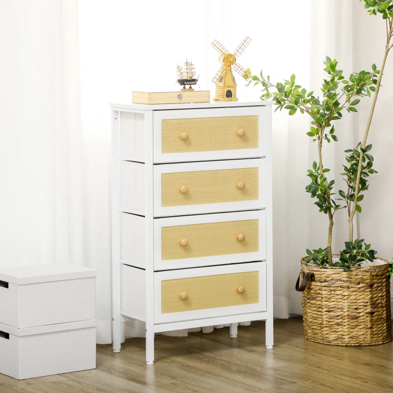 HOMCOM Cómoda de Dormitorio de Estilo Cannage Bohemio con 4 Cajones de Tela Plegables para Entrada Salón 62x30x105 cm Blanco