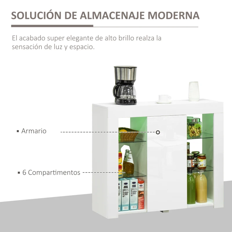 HOMCOM Aparador Moderno con Luces LED Mueble Buffet con 1 Puerta de Alto Brillo Cierre a Presión Estantes Ajustables y Control Remoto 97x35x83 cm Blanco