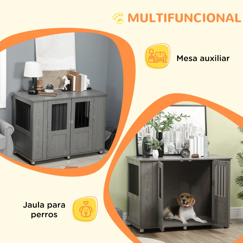 PawHut Jaula para Perros Grandes 2 en 1 Mesa Auxiliar con Puertas con Pestillo Ventanas y Patas Ajustables 114x60x82 cm Gris