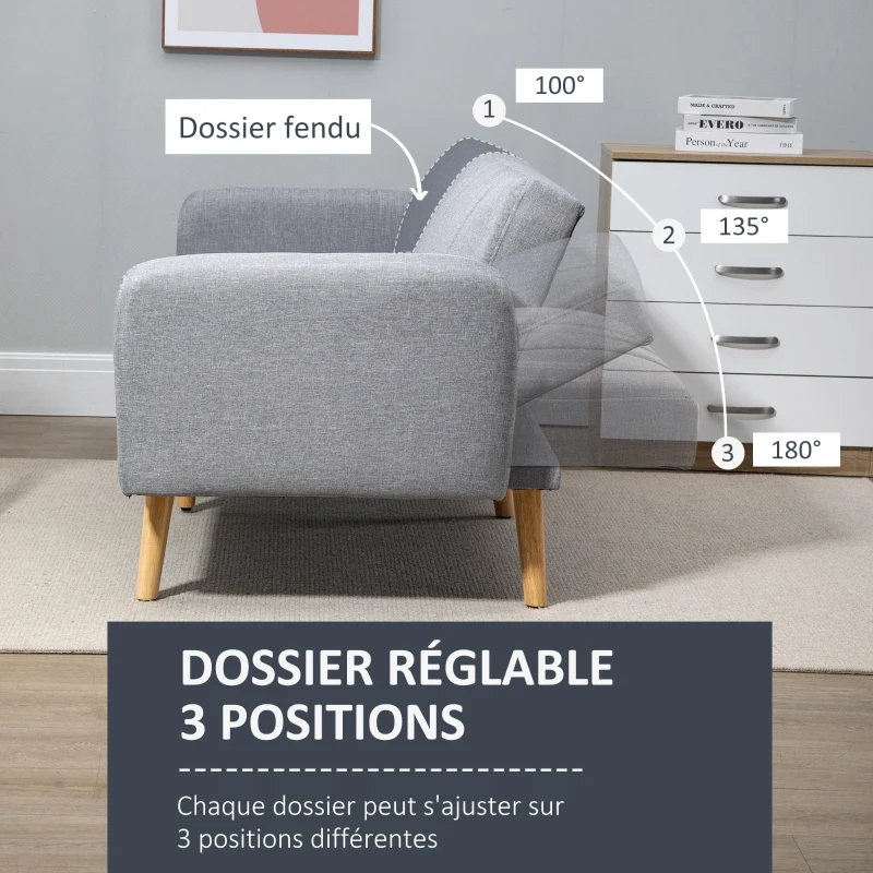 HOMCOM Canapé Convertible 2 Places Design scandinave Dossier inclinable 3 Positions Pieds Bois Tissu Aspect Lin Gris