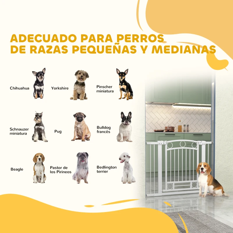 PawHut Puerta para Perros con Ancho Ajustable 76-104 cm Barrera de Seguridad para Perros con 2 Extensiones Blanco