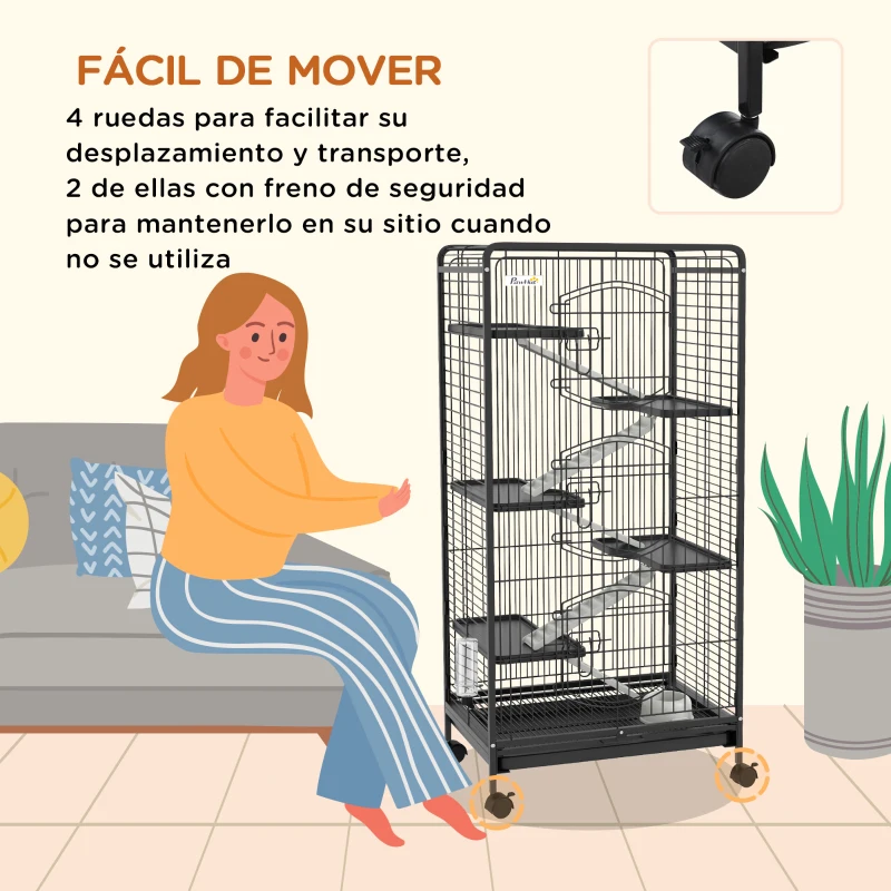 PawHut Jaula para Roedores de 6 Niveles con Ruedas Plataformas Bandeja Extraíble Comedero y Bebedero 61,5x44x131 cm Negro