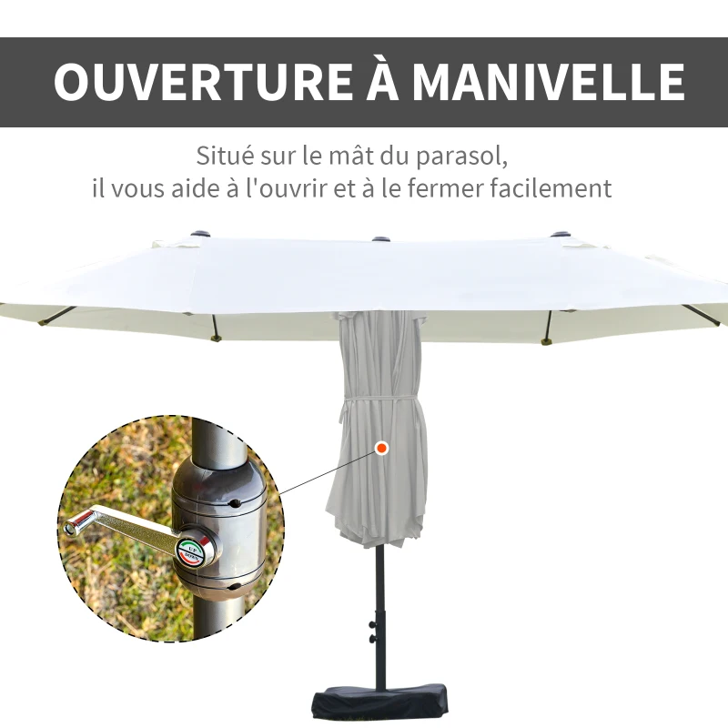 Outsunny Parasol de jardin exterieur parasol double rectangulaire 4,6L x 2,7l x 2,4H m avec ouverture fermeture manivelle, sacs de lestage et base inclus, pour balcon, piscine, beige