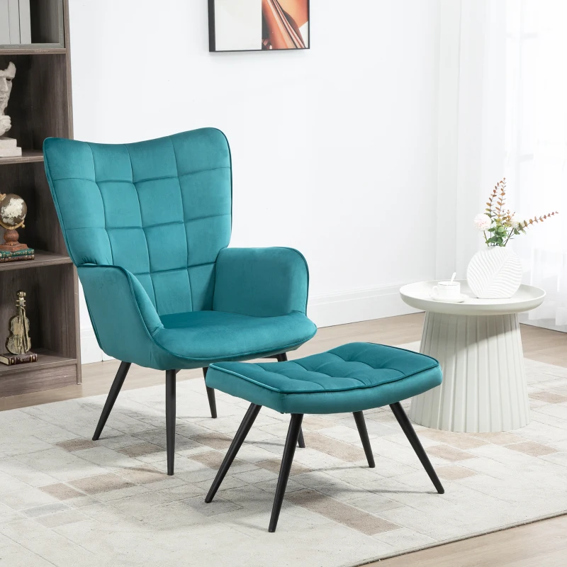 HOMCOM Fauteuil relax avec repose-pieds assorti style scandinave piètement métal noir revêtement aspect velours - Bleu