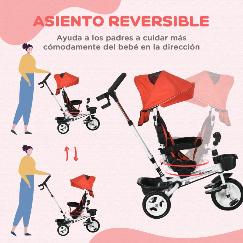 HOMCOM Triciclo para Bebés Plegable Triciclo Evolutivo 2 en 1 para Niños con Toldo Plegable Cestas y Cinturón de Seguridad Rojo