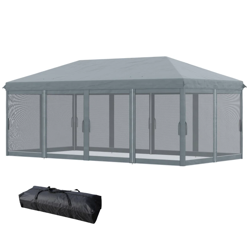 Outsunny Gazebo da Giardino Pieghevole 6x3 m con 6 Zanzariere e Pulsante, in Acciaio e Poliestere, Grigio
