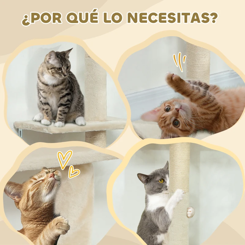 PawHut Árbol para Gatos de Suelo a Techo 225-275 cm Torre para Gatos con Múltiples Plataformas Sistema de Antivuelco Crema
