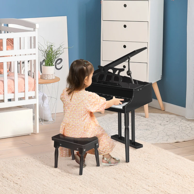 HOMCOM Piano de Cola Infantil de Madera con 30 Teclas Taburete y Atril de Partituras Piano para Niños Instrumento Musical Didáctico 52x50x49 cm Negro