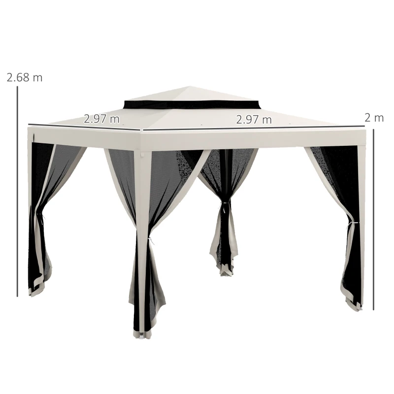 Outsunny Gazebo da Giardino 3x3 m con Zanzariera, Doppio Tetto e 8 Fori, in Acciaio e Poliestere Bianco Crema