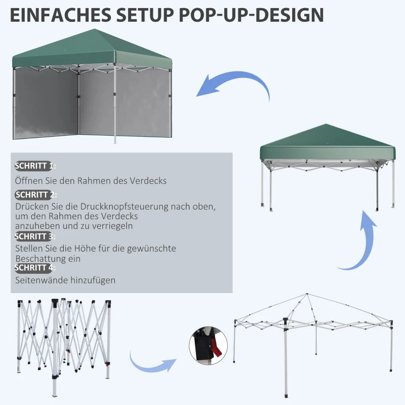 Outsunny Faltpavillon, 2 Seitenwände, höhenverstellbar, mit Transporttasche, rostfreies Stahlgestell, 3 x 3 m, Grün