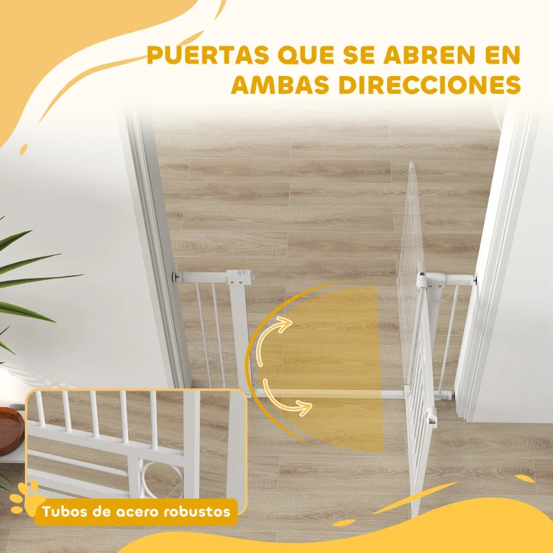 PawHut Puerta para Perros con Ancho Ajustable 76-104 cm Barrera de Seguridad para Perros con 2 Extensiones Blanco