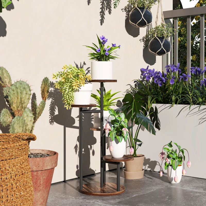 Outsunny Soporte para Plantas de Madera y Acero de 5 Niveles con 5 Estantes Redondos Soporte para Macetas 43x43x70 cm Carbonizado