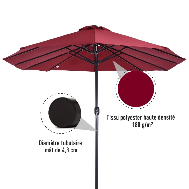 Outsunny Parasol de jardin exterieur parasol double rectangulaire 4,6L x 2,7l x 2,4H m avec ouverture fermeture manivelle, cadre en acier, toile 180 g/m², parasol pour balcon, piscine, bordeaux