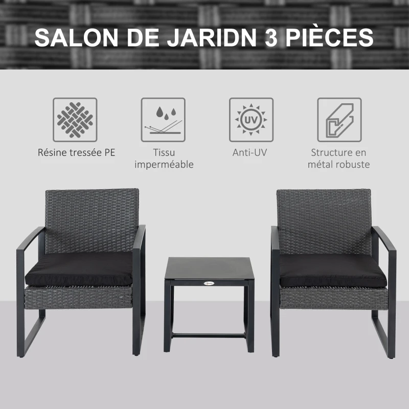 Outsunny Salon de jardin 2 places 3 pièces 2 chaises avec coussins + table basse plateau verre trempé résine tressée 4 fils imitation rotin gris