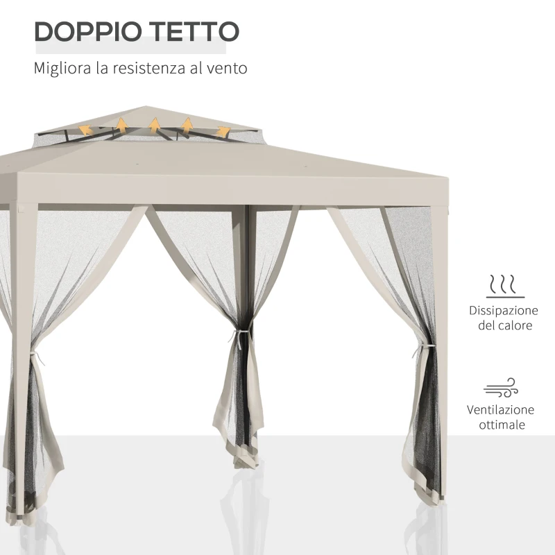 Outsunny Gazebo da Giardino 3x3m con Zanzariera, Doppio Tetto e Telaio in Metallo, Beige