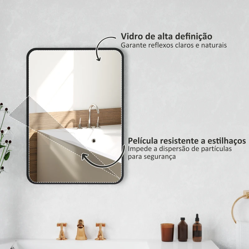 HOMCOM Espelho Casa de Banho 50x70 cm Espelho de Parede com Estrutura de Metal Vertical e Horizontal para Entrada Preto