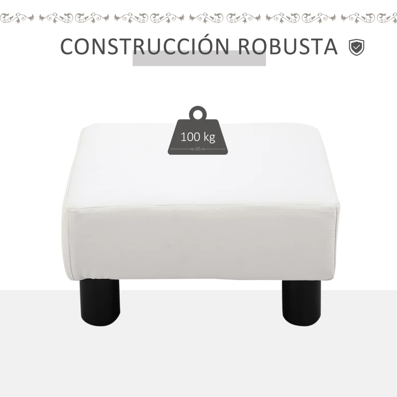 HOMCOM Reposapiés para Sofá Taburete Pequeño Tapizado en Piel Sintética Asiento de Espuma y Patas de Plástico 40x30x24cm Blanco