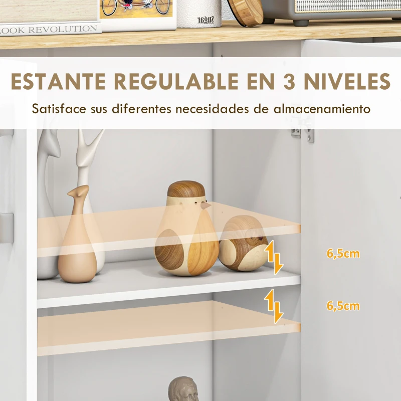 HOMCOM Aparador de Cocina con 2 Cajones 2 Armarios y Estantes Ajustables para Comedor 90x30x75,5 cm Blanco y Natural