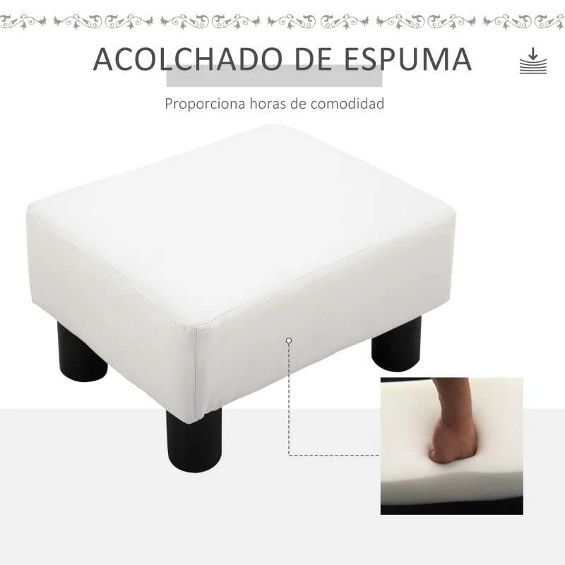 HOMCOM Reposapiés para Sofá Taburete Pequeño Tapizado en Piel Sintética Asiento de Espuma y Patas de Plástico 40x30x24cm Blanco