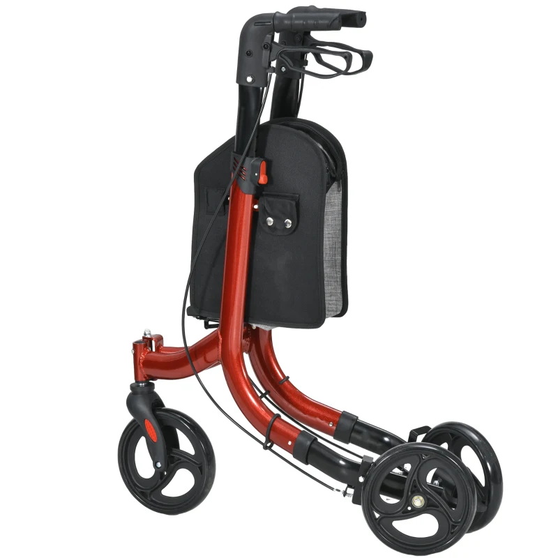 HOMCOM 3-Wheel Foldable Walker with Double Brake, Adjustable Height Aluminum Lightweight and Sturdy 68 x 68 x 99 cm Red