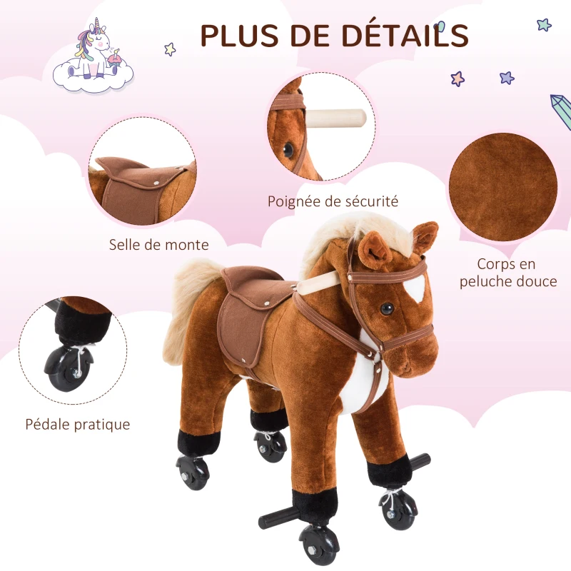 HOMCOM Jouet cheval pour enfant de +24 mois avec 4 roulettes, effet sonore, repose-pieds et guidon, 55x23x60 cm Marron(m-7)