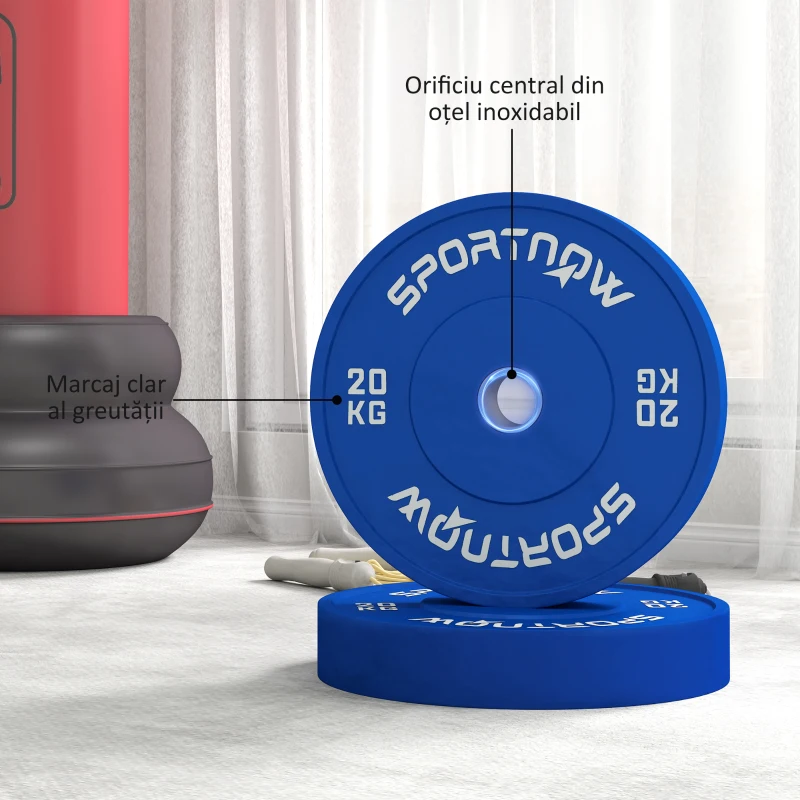 SPORTNOW Set 2 Discuri Greutăți 2x20 kg din Cauciuc cu Orificiu de 5 cm pentru Gantere și Grijuri, Ø45x8 cm, Albastru
