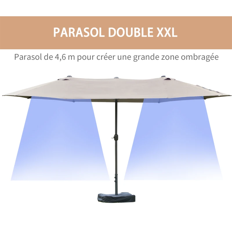 Outsunny Parasol de jardin exterieur parasol double rectangulaire 4,6L x 2,7l x 2,4H m avec ouverture fermeture manivelle, sacs de lestage et base inclus, pour balcon, piscine, gris clair