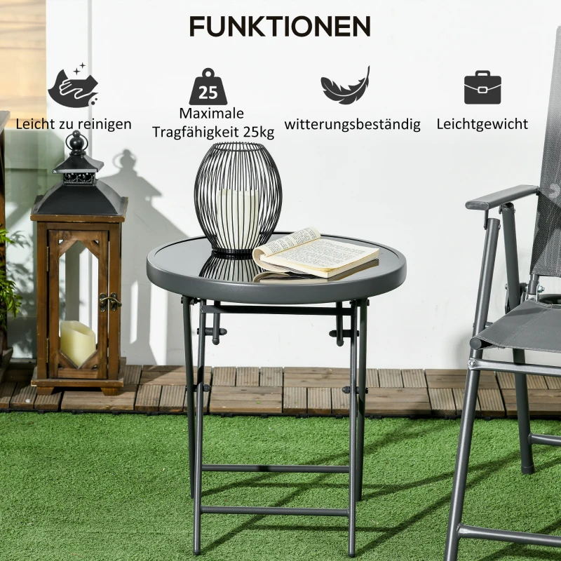 Outsunny Klappbarer Beistelltisch, Outdoor-Klapptisch, mit Tischplatte aus gehärtetem Glas, für Terrasse, 45 x 45 x 50 cm Schwarz(m-5)