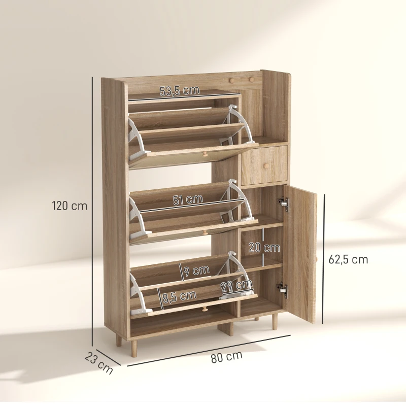HOMCOM Zapatero con 3 Cajones Abatibles con Frentes de Ratán Cajón y Armario para Decoraciones y Llaves 80x23x120 cm Roble