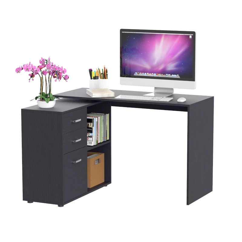 HOMCOM Bureau d'angle bureau droit modulable table de salle à manger 2 en 1 bureau informatique tiroirs x 3 + 2 niches MDF noir