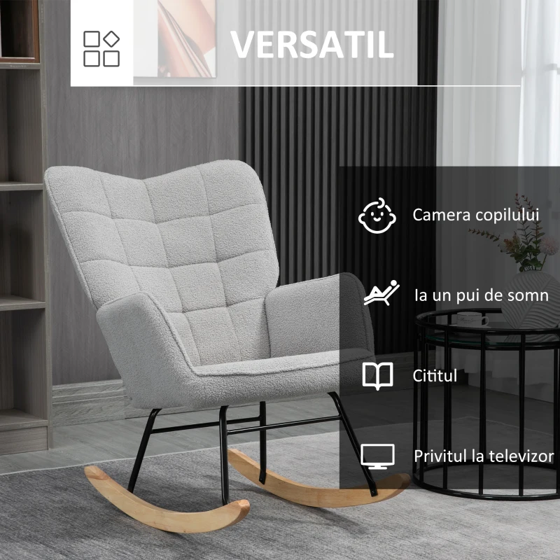 HOMCOM Fotoliu Balansoar de Interior Tapițat, Fotoliu Balansoar Relaxant din Blană cu Brațe, 71x98x101 cm, Gri Deshis