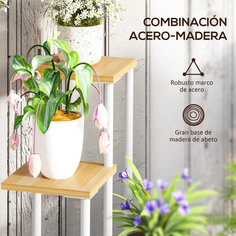 Outsunny Soporte para Plantas de Madera y Acero de 4 Niveles con 4 Estantes Cuadrados 53x42x85 cm Natural y Blanco