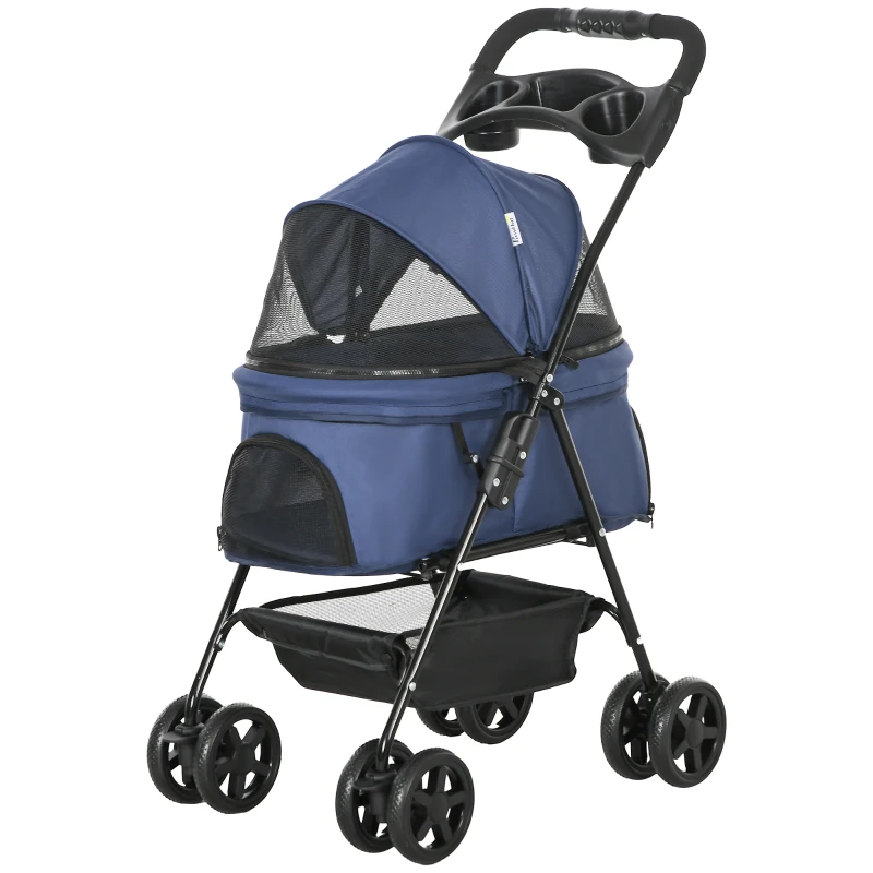 PawHut Carrito para Perros Pequeños con Ruedas Universales Cesta de Almacenaje Correas de Seguridad y Ventanas 67x45x96 cm Azul